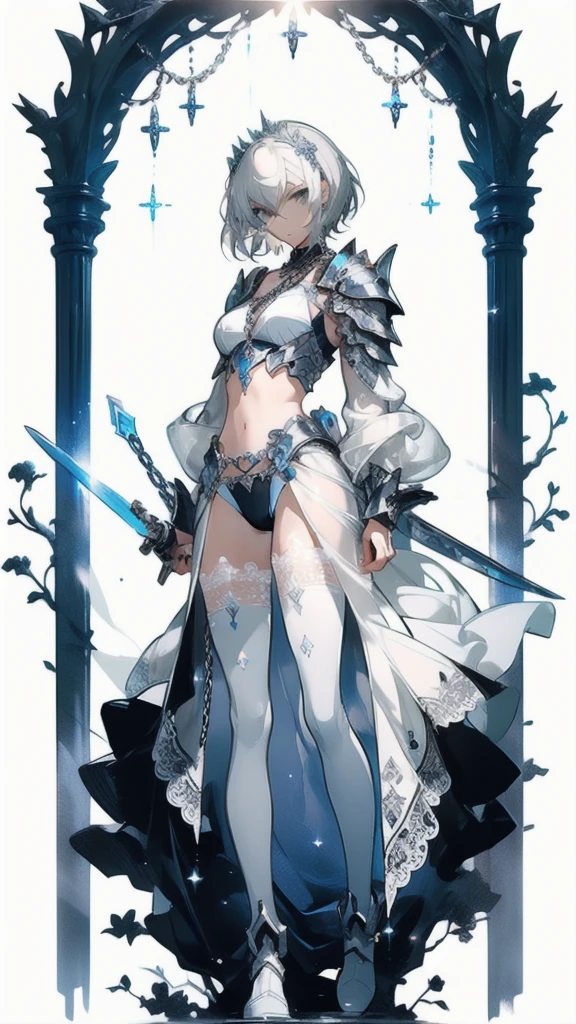 ((masterpiece, best quality)), Delicate face，knight，Long Sword，Standing picture，whole body，Perfect body proportions，Long legs，Handsome short hair，Beautiful silver eyes，Fantasy style，White background，Extremely beautiful，transparent，Pure white armor，Sexy bikini，chain，Tattoo，Lace，exposed