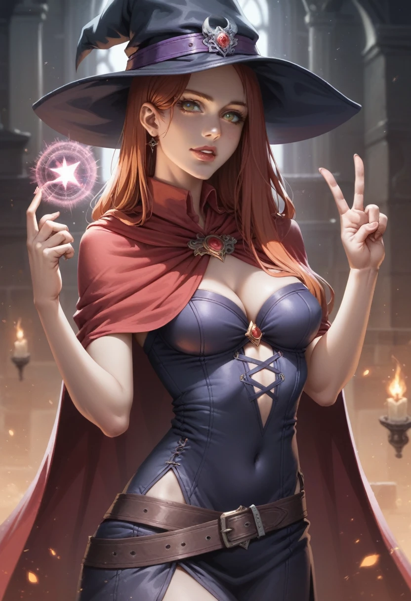 witch with a black hat and a red cape, v from devil may cry as an elf, flirty anime witch casting magic, supervillain sorceress witch, pretty sorceress, human :: sorceress, sorceress, a beautiful sorceress, female mage!, mechanized witch girl, evil sorceress, witch girl, castlevania witch