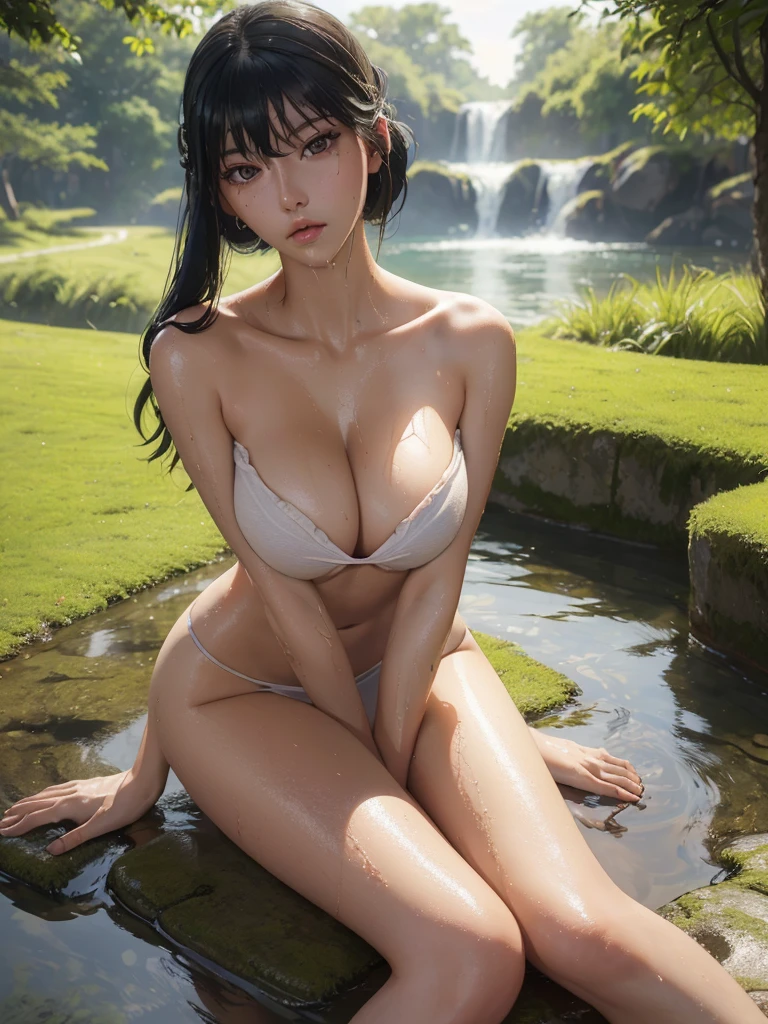 (yor), (Best quality, 8k, Masterpiece :1.3), (realistic, photorealistic: 1.37), (1girl), (slim), (Japanese), (random pose), (wet body), (long hair, random hairstyle), (outdoors), (Ultra-detailed face), (Detailed eyes), (Double eyelids), (eyeshadow intensifying), (many eyelashes), (professional lighting), (photon mapping), (radiosity), (looking directly at viewer), (full bodyesbian), (legs are open), (With a cropped T-shirt), (Slim figure), (Slim girl model), (25 years old female model), (gigantic cleavage breasts) (No bra, No top, Bare chest),