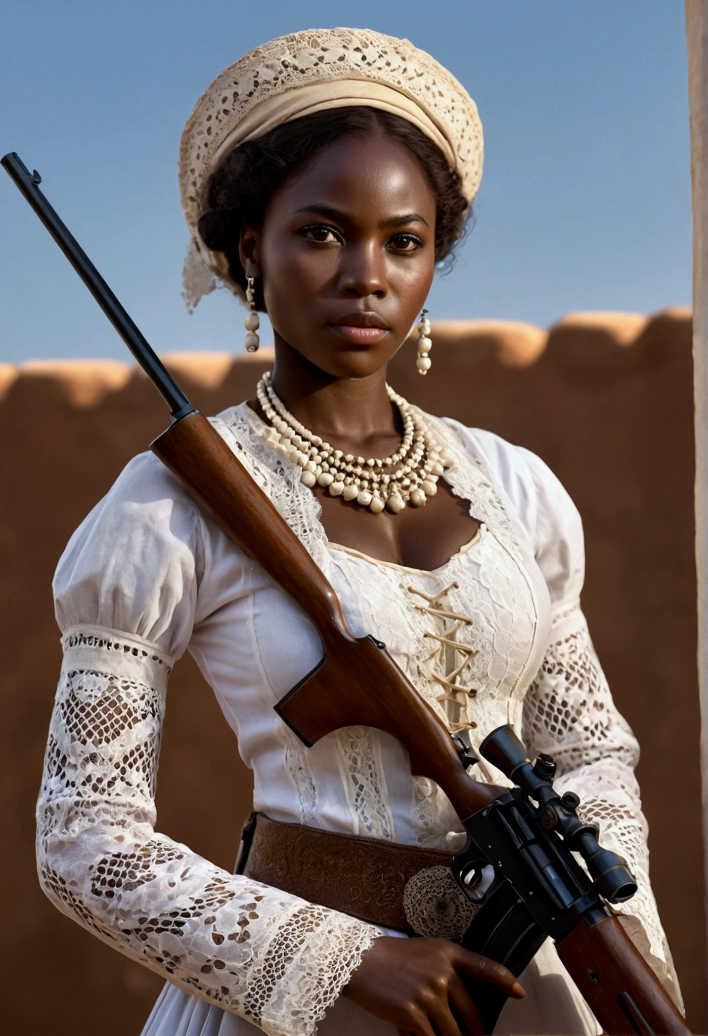 Ultra-realistic African woman, real colors, canon photography, darkskin, western film character, Sexy girl with brown eyes, ultra realist, meticulously detailed, wearing period clothes with white lace. she is holding a rifle. She is African and has oriental features but she is African, negroide