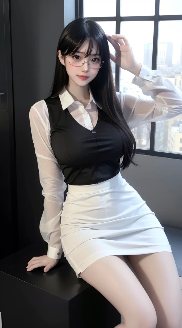 White shirt with open chest),（Transparency 100 ）Black pencil skirt, Skirt and thighs、Beautiful model lifts up her skirt，Show your thighs、（Ultra-realistic black:1.3), (Square glasses:1.4), Sitting by the bay window、full-body shot