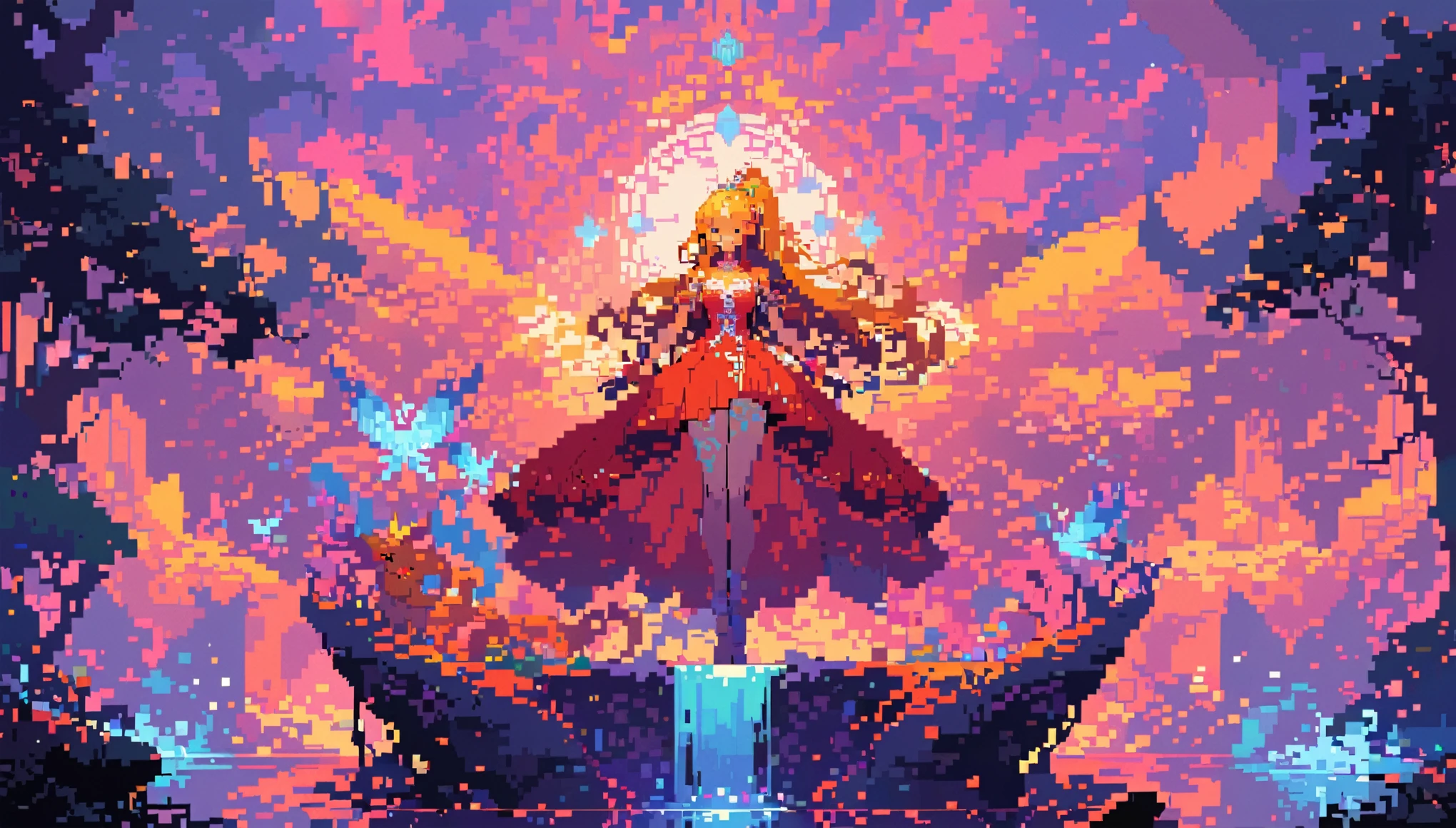 A girl with long yellow ponytail, red dress, pixel art, highly detailed, 8k, cinematic lighting, vibrant colors, intricate details, fantasy, magical, whimsical, soft focus, digital painting, concept art style