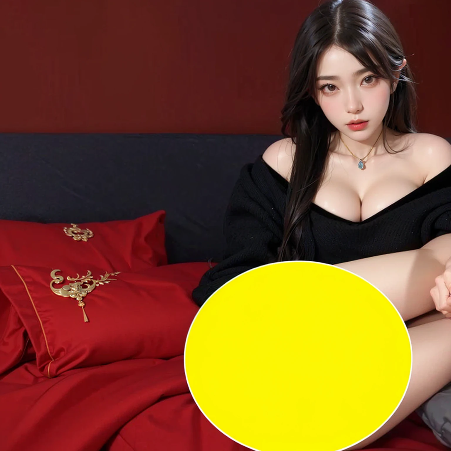 there is a woman Sitting on the bed with a Yellow pillow, elegant Yellow skin, red only, monochrome, 有人Sitting on the bed, Red only, Red only, Yellow, Sitting on the bed, Pose on the same bed, Home, sha xi, silk, elegant, with 的 cloths, long cloths red like silk, no color