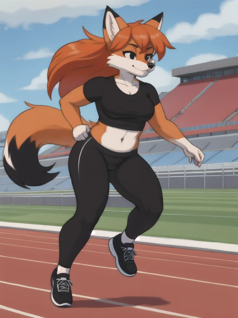 Furry, fox, female, black shirt, black leggings, shoes, running track, solo, full body