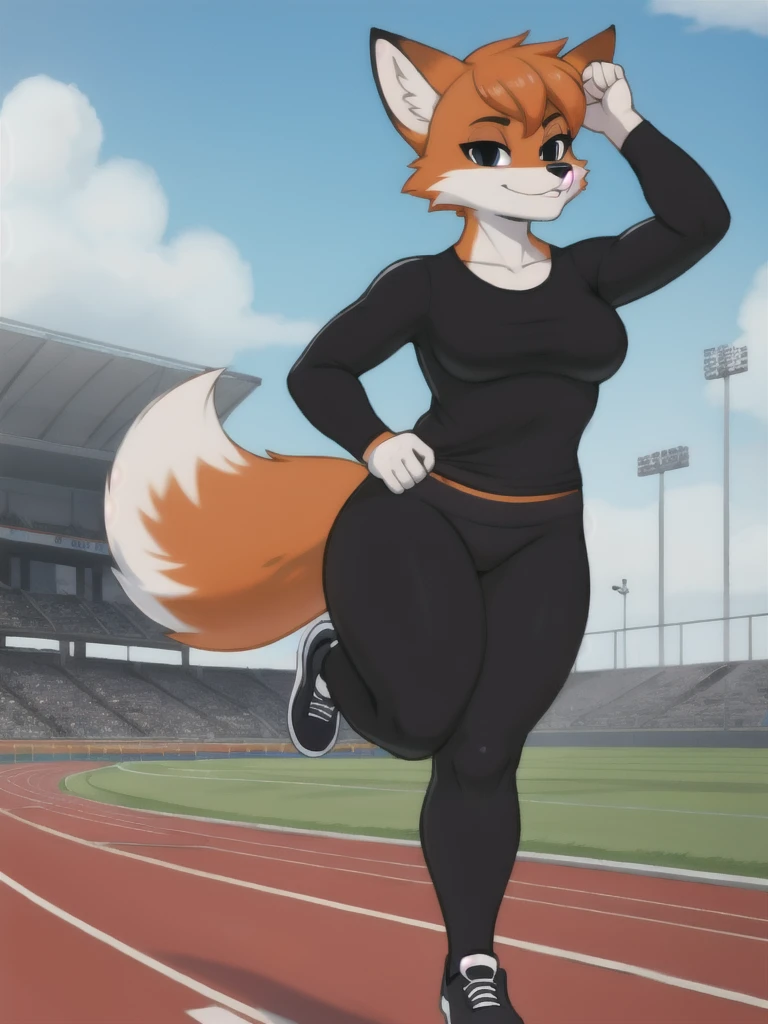 Furry, fox, female, black shirt, black leggings, shoes, running track, solo, full body