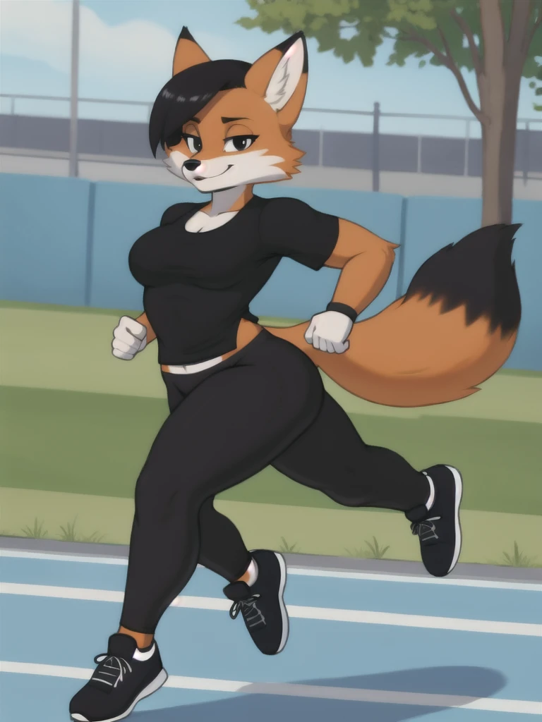 Furry, fox, female, black shirt, black leggings, shoes, running track, solo, full body