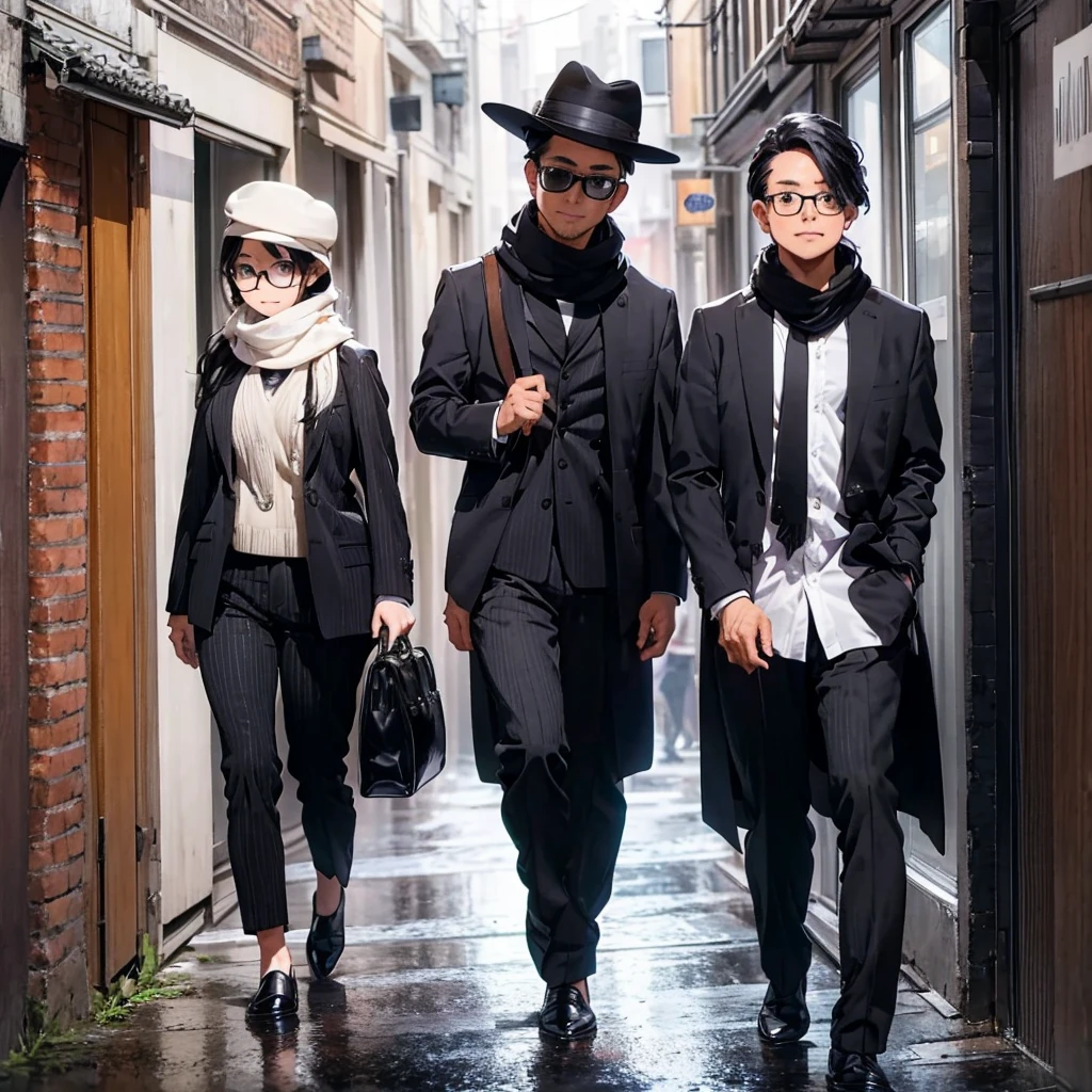 Raise a young man. He wears a black pinstripe overcoat, white pants and hat, as well as black glasses and a black and white cashmere scarf. He is striking a characteristic pose while holds two revolvers