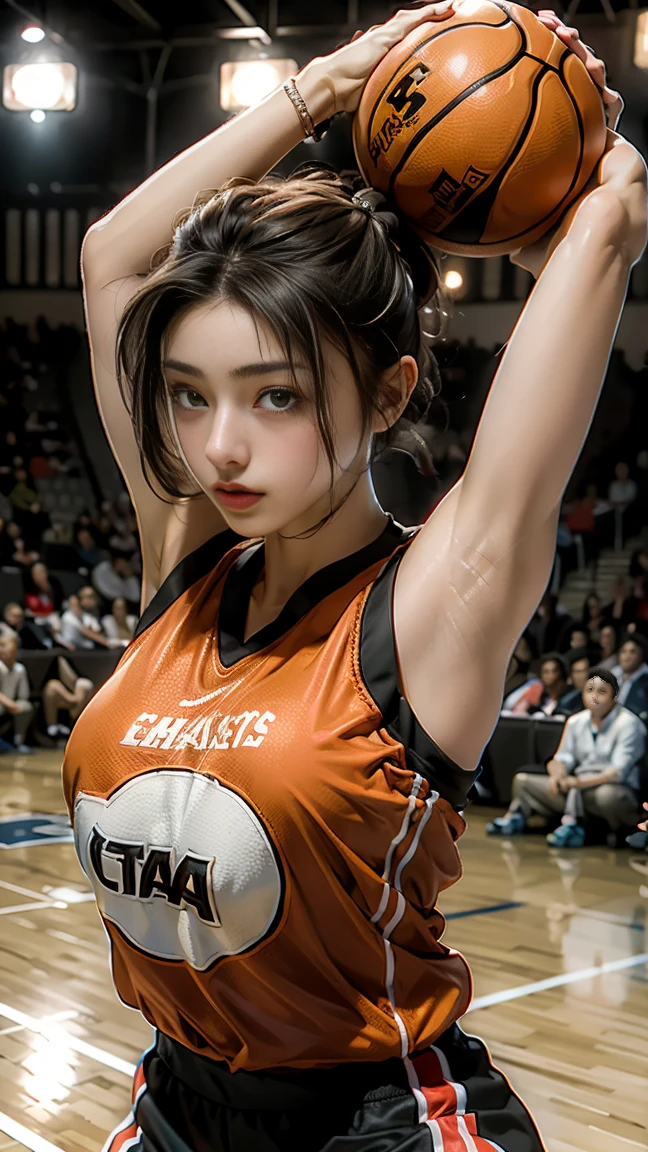 masterpiece, highest quality, Highest image quality, High resolution, photo realistic, Raw photo, dunk shot, woman basketball player, basketball on her hand, basketball hoop, basketball net