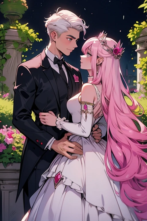 One man. One woman.Perfect faces. Perfect hands. A young white haired man with ruby eyes in an ornate suit is kissing a pink haired queen with violet eyes with an hourglass figure in a ballgown in the garden