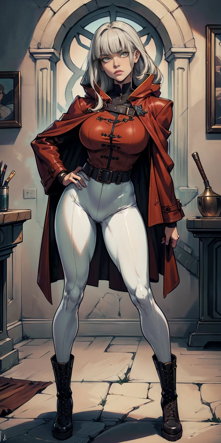 Character:
Gender: Female
Age: young adult (through "exquisite and mature manga art style")
Hair: Long, platinum blonde with choppy bangs
Face:
Delicate oval shape
Pale skin
Sharp and determined eyes (possibly emphasizing a piercing gaze)
Arched crescent eyebrows
Serious expression
Symmetrical features
Body:
Professional and anatomically correct
Perfect proportions following the golden ratio
Extremely detailed, especially the eyes and face
Attire:
Fantasy-style dark green military coat
Dark red cloak draped over the coat
Military trousers
Leather combat boots
Silver greaves leggings
Art Style:
Anime style, but with exquisite and mature details
High definition, best quality, high resolution
Ultra-detailed, ultra-fine painting, extremely delicate
RAW photo (realistic texture)
UHD, 32k resolution (exceptional sharpness)
Natural light with cinematic lighting effects
Masterpiece quality with perfect anatomy
Pose:
Standing in a spacious training ground
One hand on her hip