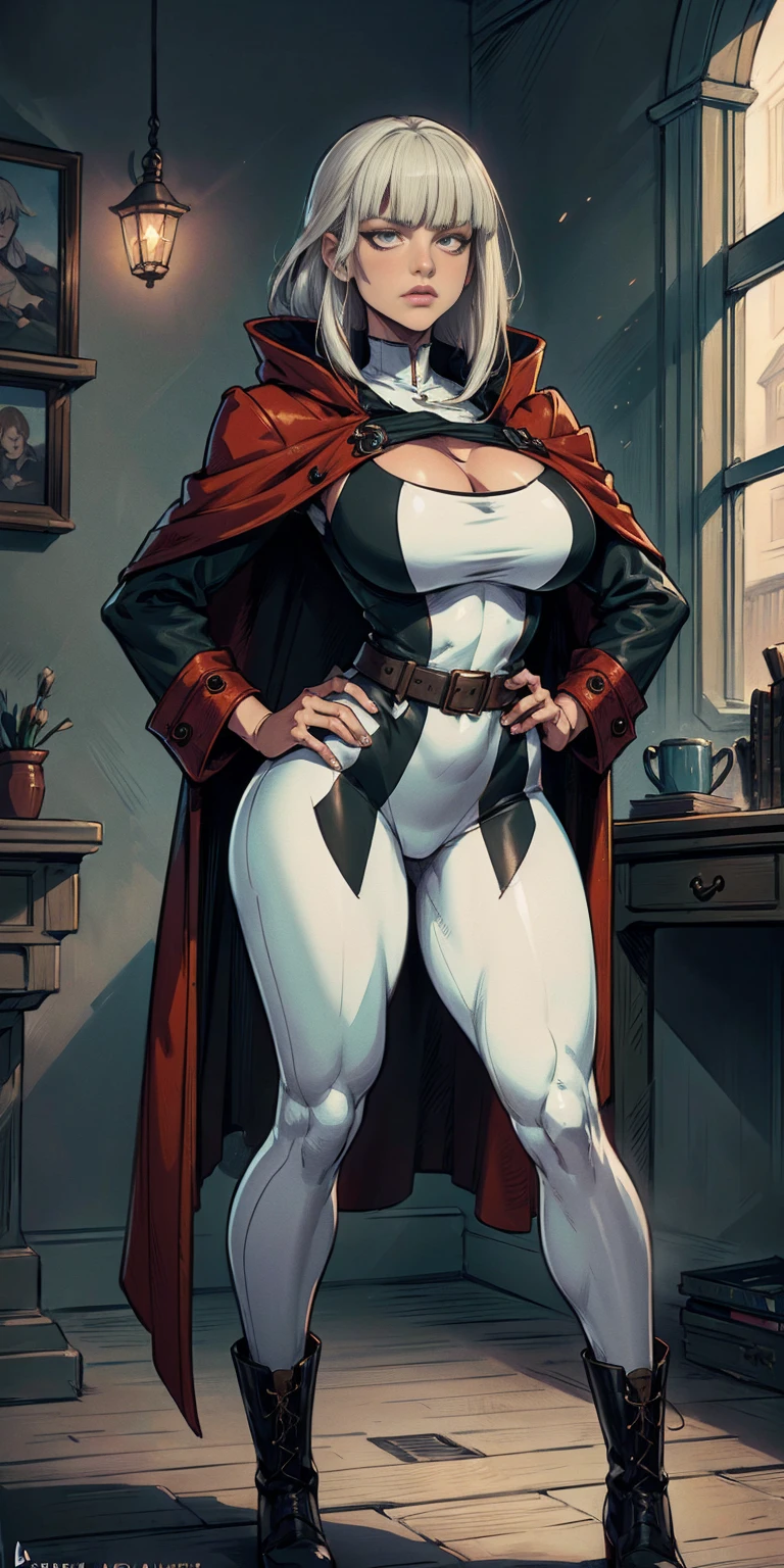 wide hips, big hips, soft thighs, large thighs, ((arrogant face)), big ass, long legs, long legged, formal red overcoat, open red trenchcoat, thick thighs, big belt, ((fur mantle)), ((pants)), pauldrons, ((cowboy shot)), ((from behind)), (((necktie))), leotard, leotard cleavage