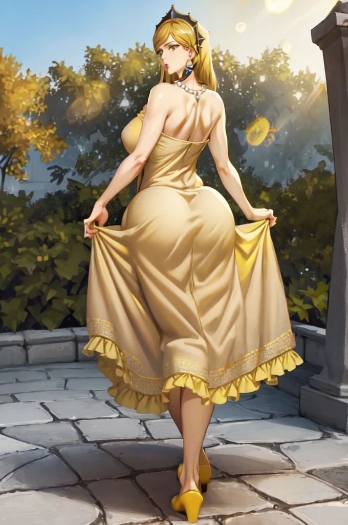 masterpiece, best quality, hildagreyrat, grey eyes, headdress, earrings, pearl necklace, pendant, large breasts, (yellow sundress:1.4), frills, looking at viewer, garden, from behind, wide hips, skirt hold