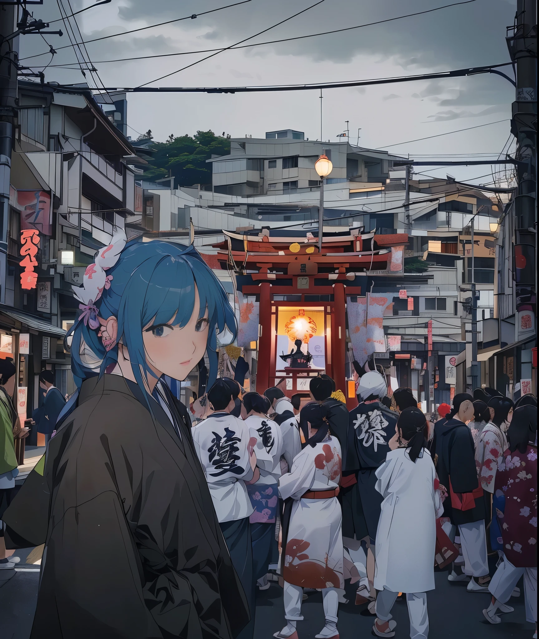 Animated characters walking down a crowded city street,Festival scene, Mikoshi (portable shrine), Anime Aesthetics, Anime atmosphere, Mikoshi (portable shrine)の前で, Japan Streets, Anime Cover, On the streets of Kyoto, On a street corner in Kyoto