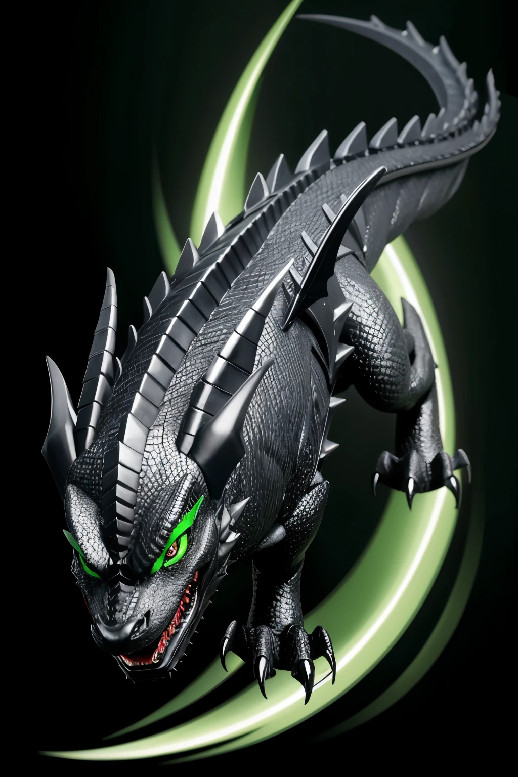 Make a black dragon with green eyes