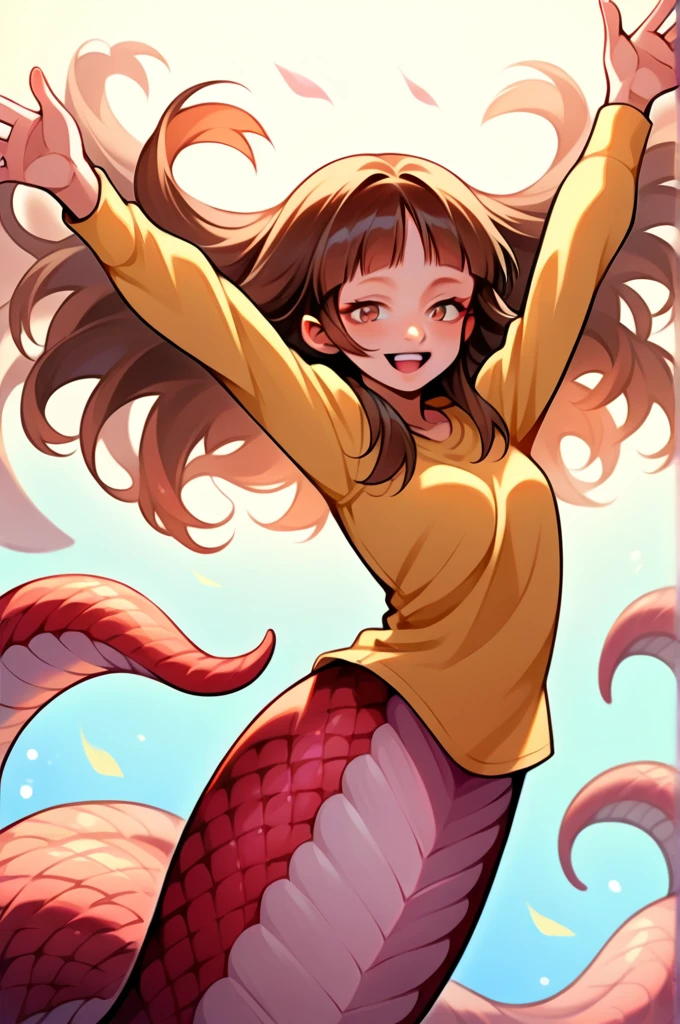 score_9, score_8_up, score_7_up, source_anime, 1girl, solo,NSAlicePortia, brown hair, long hair, brown eyes, blunt bangs, lamia, outstretched arms, spread arms, looking at the viewer, cowboy shot, happy, half closed eyes