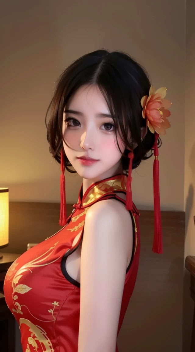 1 Girl,Upper Body,Fashion Girl,cheongsam,Chinese clothes,Flowering,(masterpiece:1.4),(best quality:1.4),(Glowing skin),Red lips,Looking at the audience,Large Breasts,