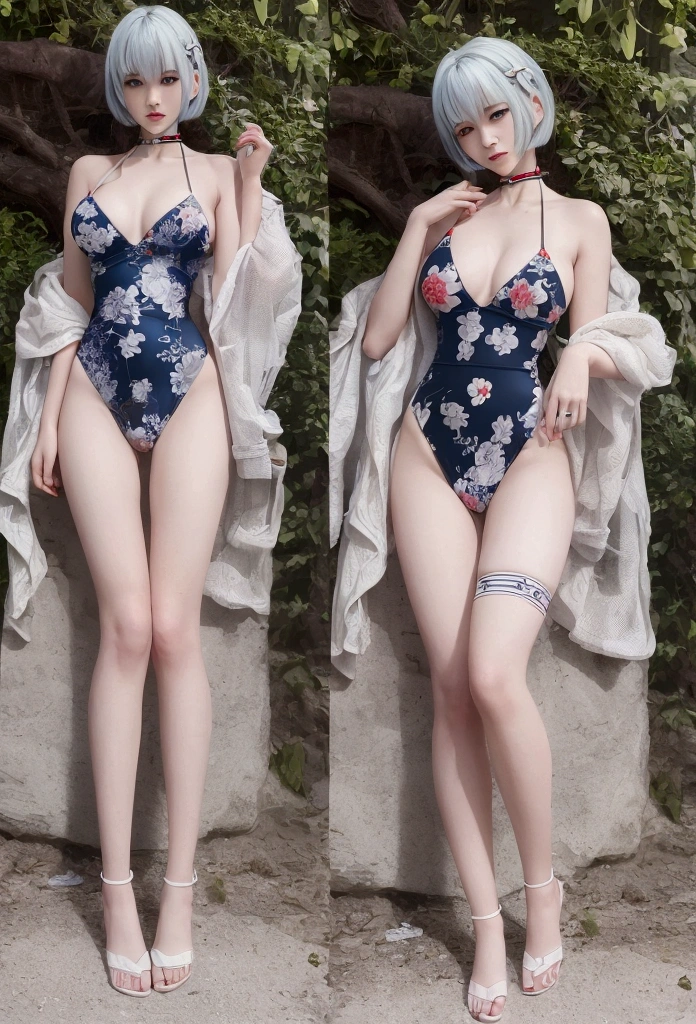 ((masterpiece)), ((best quality)), (ultra-detailed), ((extremely detailed)), 4K, (8K), best quality, (beautiful), full body, full body focus, ocean, Rei Ayanami, Evangelion, school swimwear, ((beautiful eyes)), bandage, cool