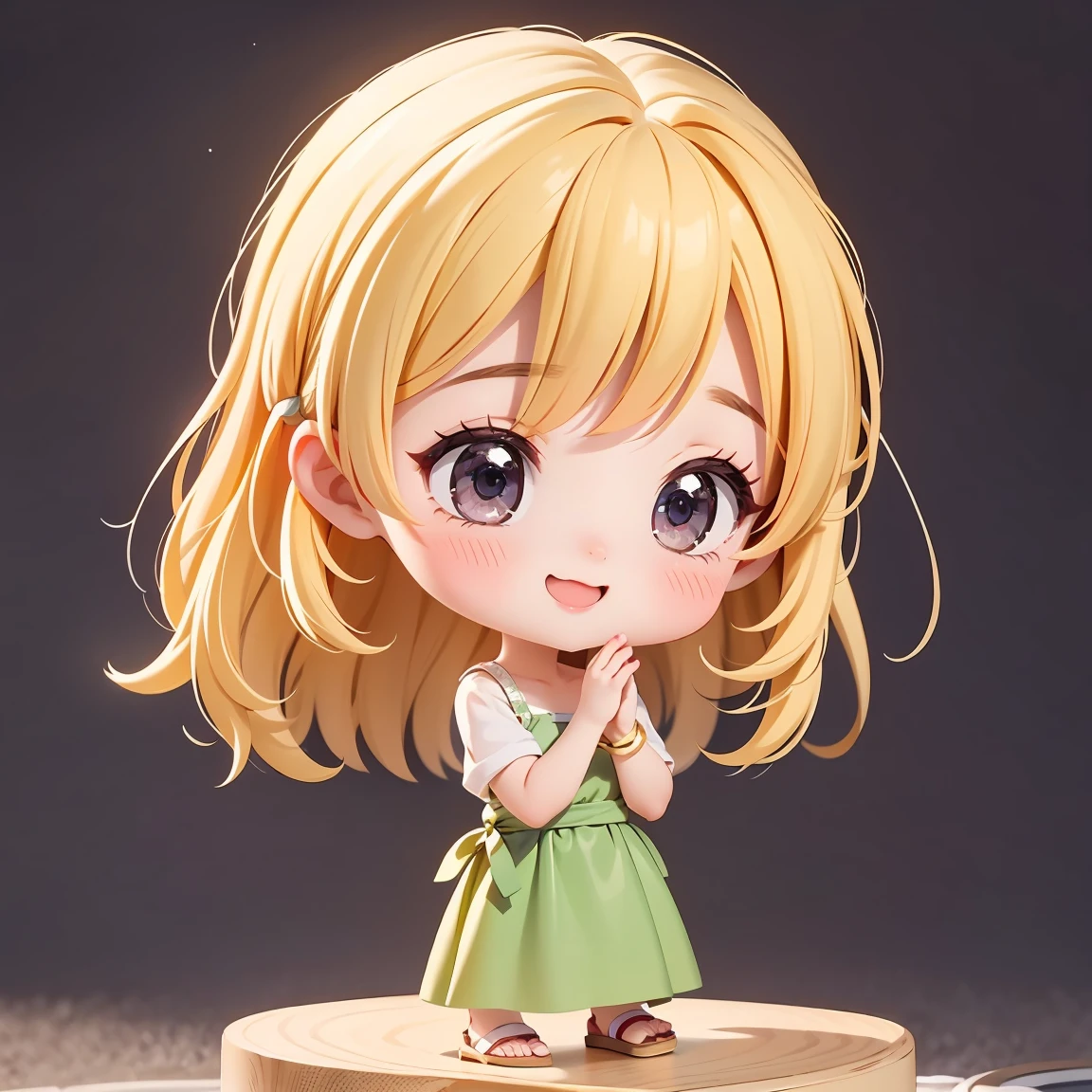  Super Chibi Character：1.8、wearing cute sandals、background：Simple all over、Blonde Hair、Cute 7 year old girl、Random cute outfits、Short legs、Sandals with ribbon、Cute pose、Super Happy Smile：1.8