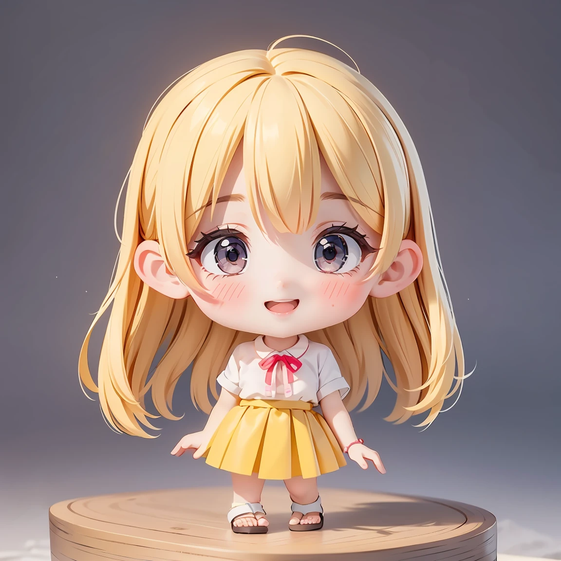 Super Chibi Character:1.8、wearing cute sandals、background:Simple all over、Blonde Hair、Cute 7 year old girl、Random cute outfits、Short legs、Sandals with ribbon、Cute pose、Super Happy Smile:1.8