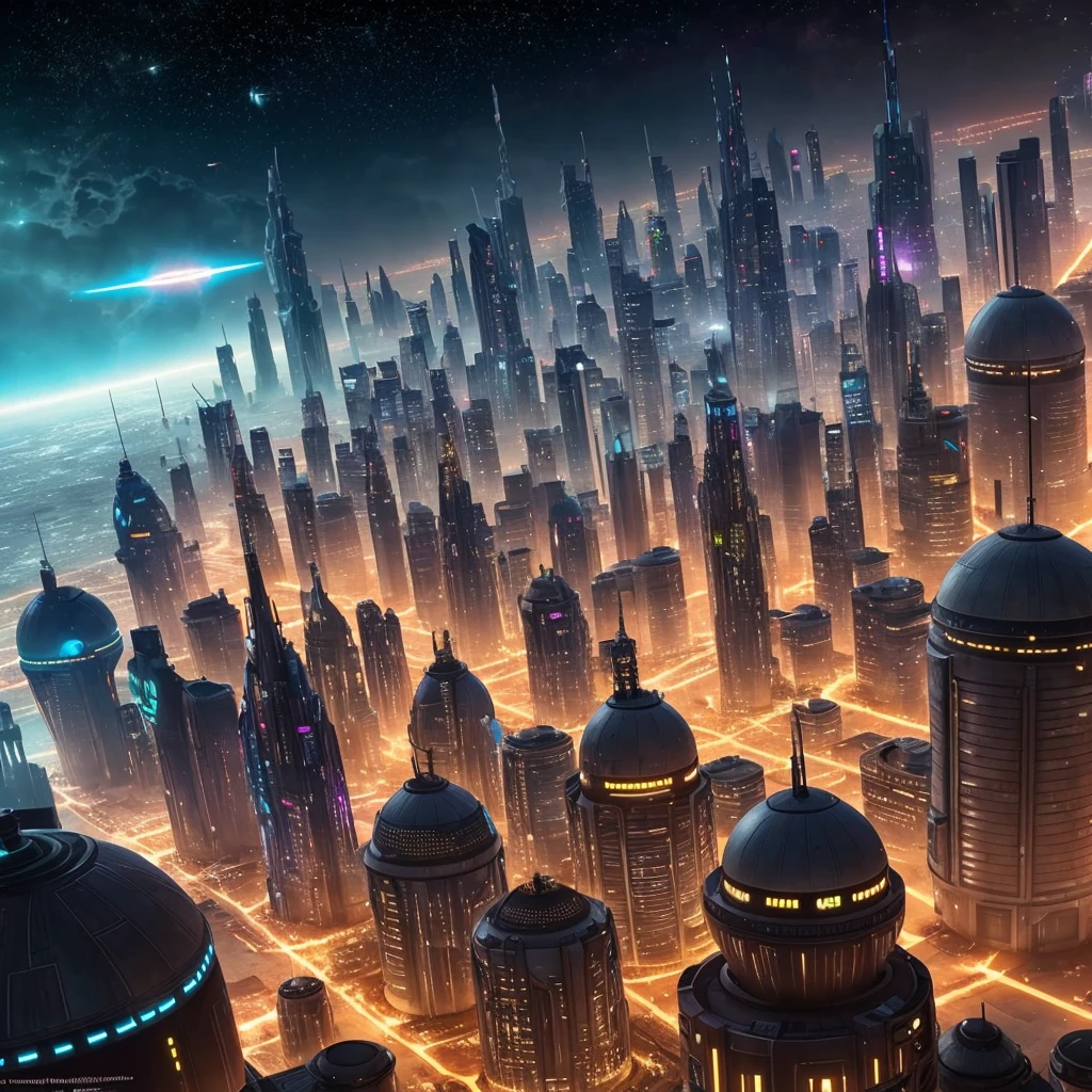 Take a photograph of a city where all the races of the universe meet called Coruscant.. It is a city that serves as the political center, cultural and financial of the galaxy, and is the headquarters of the Galactic Republic and the Galactic Empire. It's getting dark in the city