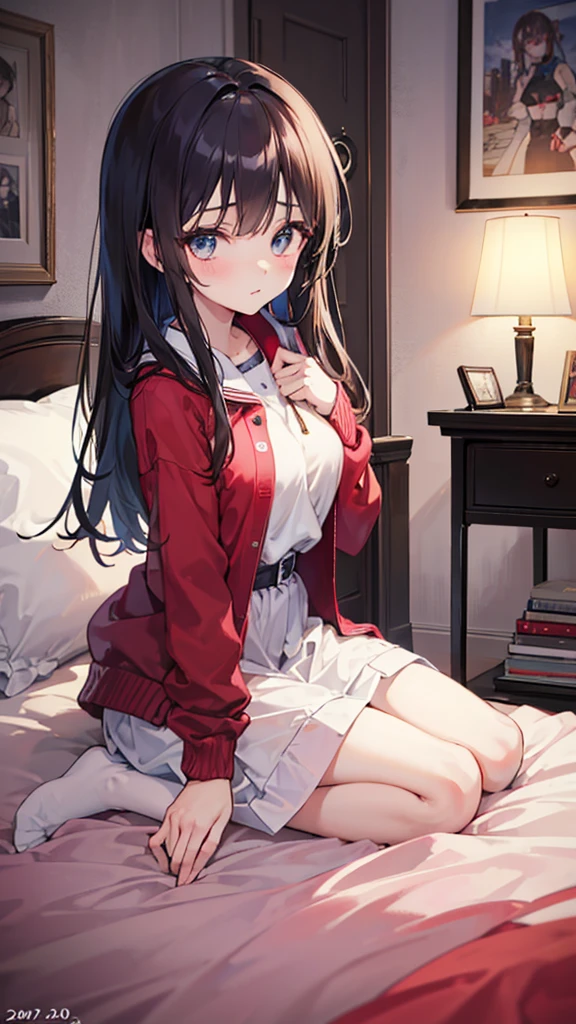 (masterpiece, best quality:1.3), 1 girl, 独奏, ager,(top quality eyes:1.3),18 year old girl、Cute outfit、bed、My Room、Normal size breasts、wariza、bedにディルドが落ちている
