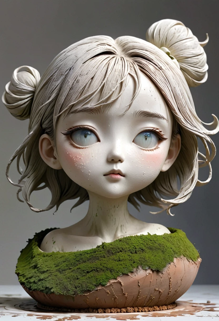 (Best quality：1.2），clay，Pottery，rough，Mineral pigments，3d，clay雕塑艺术，rough表面，（work，Abandoned Sculpture，Minimalist Sculpture，1 girl，Art Blush，cute，rough表面，Surface patterns and textures，Surface scratches，Granular，Old，Damaged，moss，rain，A small white flower，one，Concept Art，）。