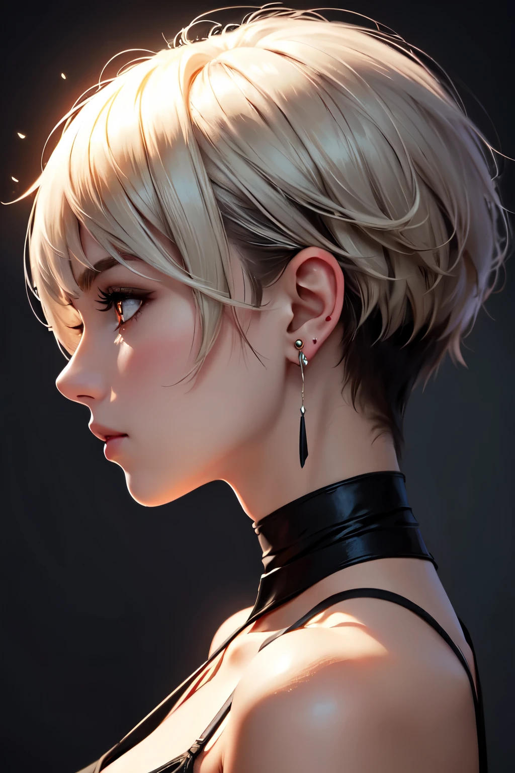 girl with low cut hair, profile, perfect side profile view, earings, 8k, high quality, simple background, glowing eyes, nice pose