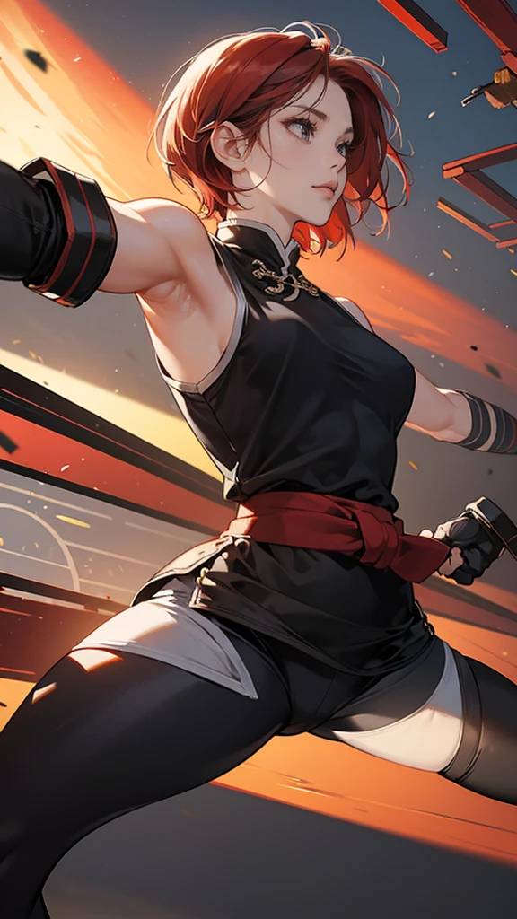 {{masterpiece}}, {{{best quality}}},{{ultra-detailed}}, {{illustration}},{{tall stature}},{{adult women}},,Small breasts,Slender,{{fighting stance}},((Leggings with integrated shorts)),((Black leggings)) Female karate Red hair short cut Sleeveless uniform Martial Arts Belt ,Chinese style,Cowboy Shot, black fingerless gloves,Street Fight,Slums during the day,1 female,alone, Elbow guard