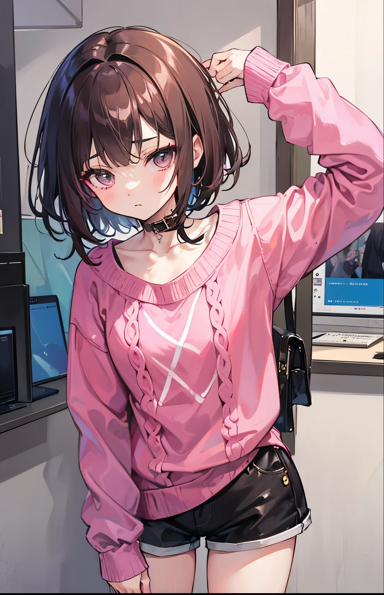 Black short hair Medusa,Pink brown sweater,Small tricks,Gallant
