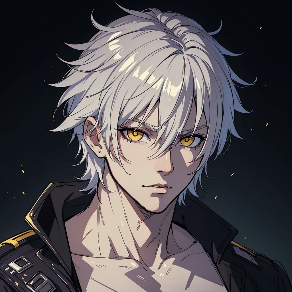 (high-quality, breathtaking),(expressive eyes, perfect face) Symmetrical Eyes, portrait, 1guy, 30 years old, white hair color, yellow highlights, bright yellow eyes, black and white clothes, Neopolitan RWBY, serious looking
