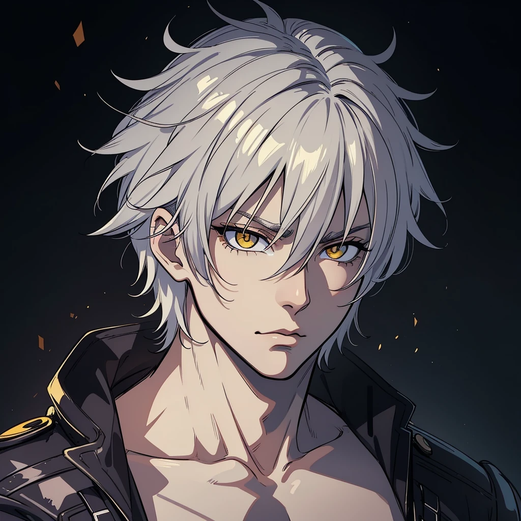 (high-quality, breathtaking),(expressive eyes, perfect face) Symmetrical Eyes, portrait, 1guy, 30 years old, white hair color, yellow highlights, bright yellow eyes, black and white clothes, Neopolitan RWBY, serious looking