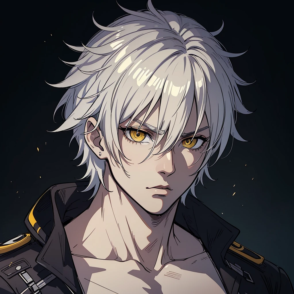 (high-quality, breathtaking),(expressive eyes, perfect face) Symmetrical Eyes, portrait, 1guy, 30 years old, white hair color, yellow highlights, bright yellow eyes, black and white clothes, Neopolitan RWBY, serious looking