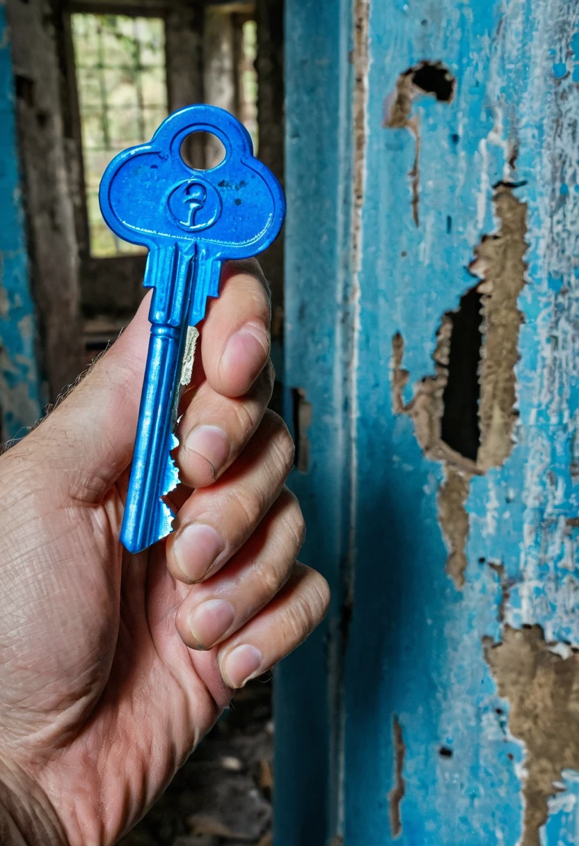 White man holding a small blue key, the man is half sideways, in an abandoned house, ominous background.