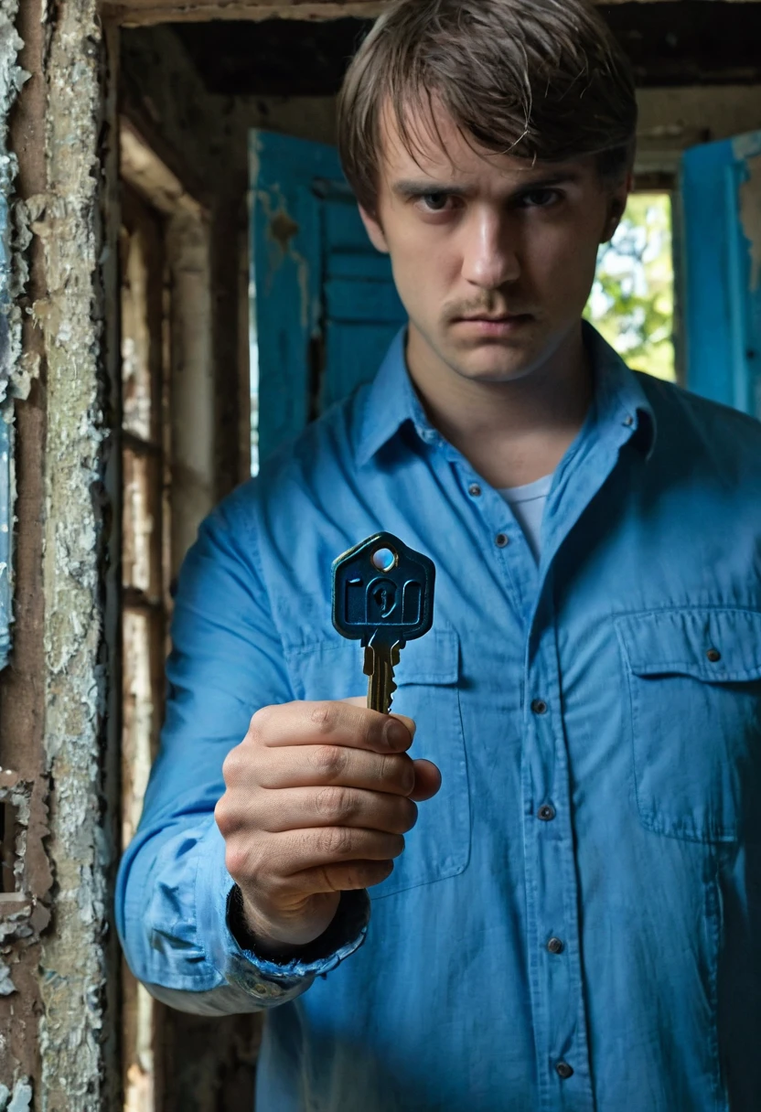 White man holding a small blue key, the man is half sideways, in an abandoned house, ominous background.