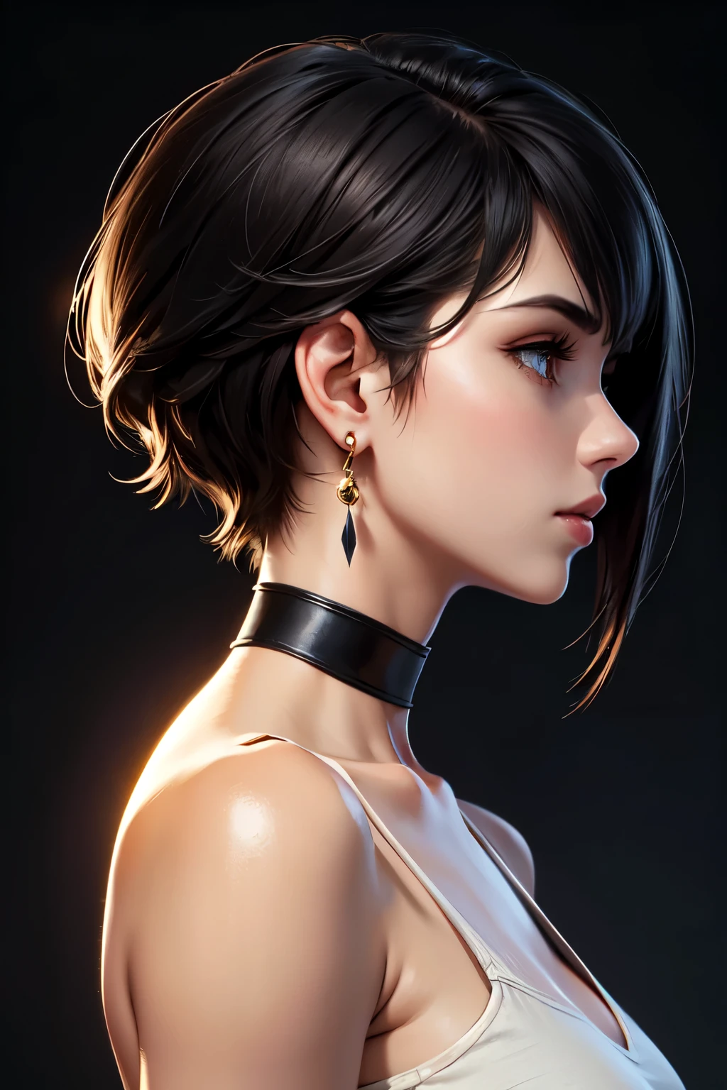 girl with low cut hair, profile, perfect side profile view, earings, 8k, high quality, simple background, glowing eyes, nice pose