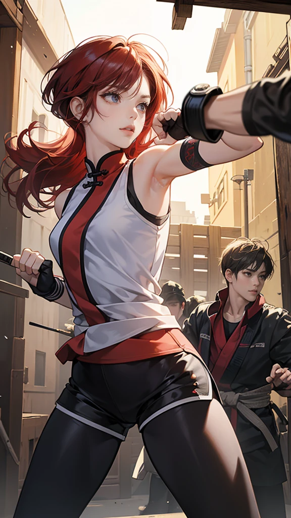 {{masterpiece}}, {{{best quality}}},{{ultra-detailed}}, {{illustration}},{{tall stature}},{{adult women}},,Small breasts,Slender,{{fighting stance}},((Leggings with integrated shorts)),((Black leggings)) Female karate Red hair short cut Sleeveless uniform Martial Arts Belt ,Chinese style,Cowboy Shot, black fingerless gloves,Street Fight,Slums during the day,1 female,alone, Elbow guard
