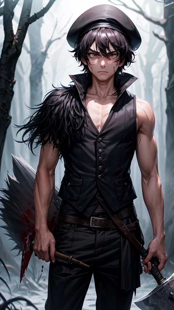 *Black shaggy-haired boy, Beret and black eyes, white skinned and a little angry, a pretty and tender face, black vest, with night forest landscape and an ax in his arms and blood splattered*