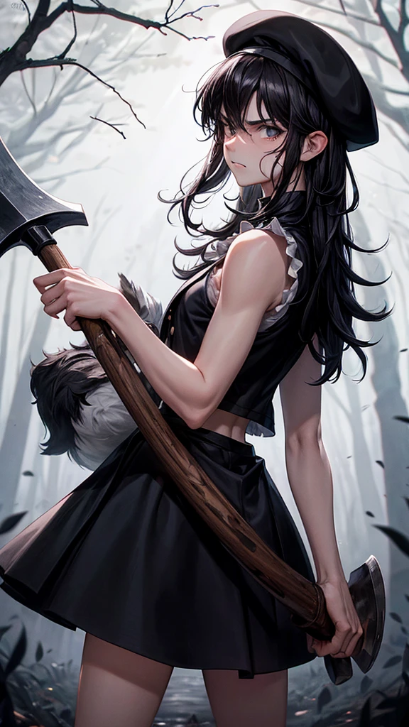 *Black shaggy-haired boy, Beret and black eyes, white skinned and a little angry, a pretty and tender face, black vest, with night forest landscape and an ax in his arms and blood splattered*