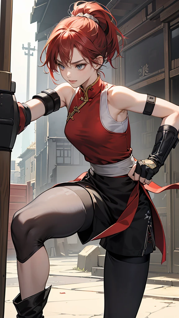 {{masterpiece}}, {{{best quality}}},{{ultra-detailed}}, {{illustration}},{{tall stature}},{{adult women}},,Small breasts,Slender,{{fighting stance}},((Leggings with integrated shorts)),((Black leggings)) Female karate　Red hair short cut　Sleeveless uniform　Martial Arts Belt　,Chinese style,Cowboy Shot, black fingerless gloves,Street Fight,Slums during the day,1 female,alone, Elbow guard 