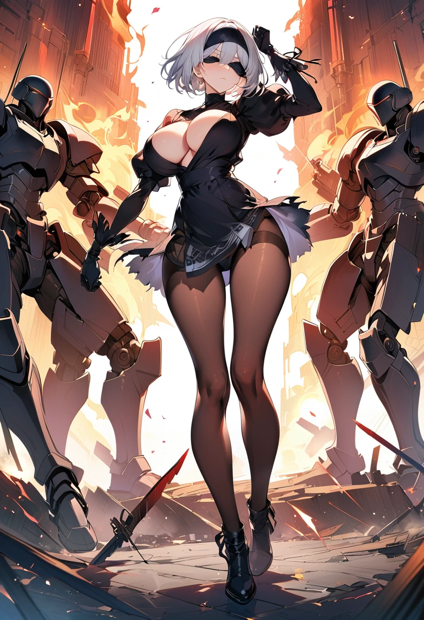 2B Nier Automata,masterpiece, 最high quality, High resolution,  Black torn clothes 、Black Pantyhose、Dark church at night、sexy、Wear a miniskirt、Thin legs、Big Breasts、Slim figure、high quality　CG Tone、Gray Hair、Black blindfold、Short Bob、Surrounded by mechanical soldiers、Fighting mechanical soldiers