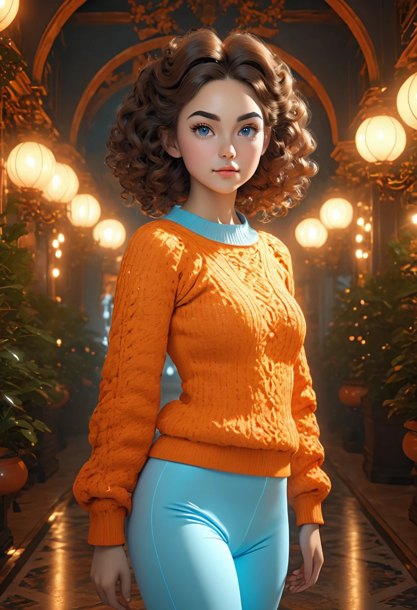 A beautful jewish women with a thick bush unibrow and a large bulbous nose. brown hair that is extremy curly and kinky, Wearing a orange undershoulder sweater dress and baby blue leggings. Ultra HD, with Rococo he symmetrical face, photorealistic photography, path tracing, specular lighting, and volumetric face light enhance the details. The scene is captured in maximum quality, masterpiece, 8K high resolution, and top quality.