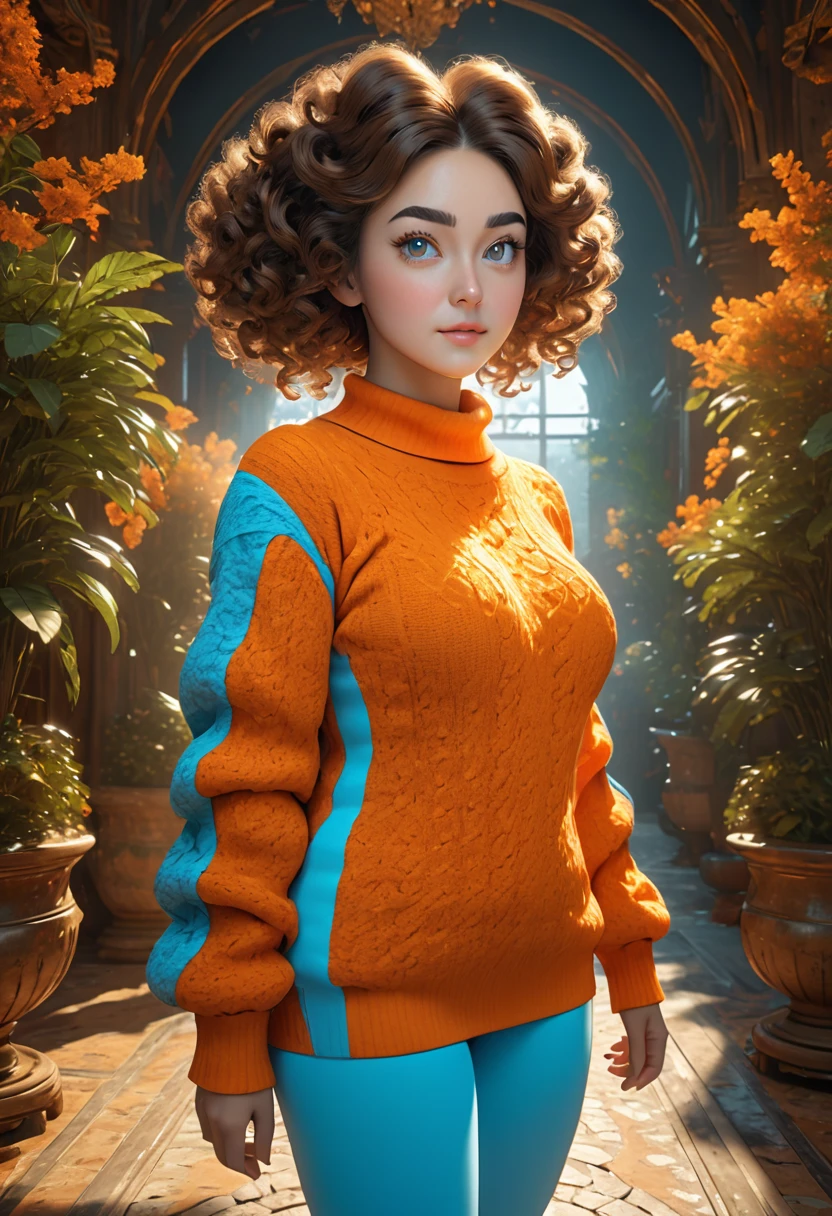 A beautful jewish women with a thick bush unibrow and a large bulbous nose. brown hair that is extremy curly and kinky, Wearing a orange undershoulder sweater dress and baby blue leggings. Ultra HD, with Rococo he symmetrical face, photorealistic photography, path tracing, specular lighting, and volumetric face light enhance the details. The scene is captured in maximum quality, masterpiece, 8K high resolution, and top quality.
