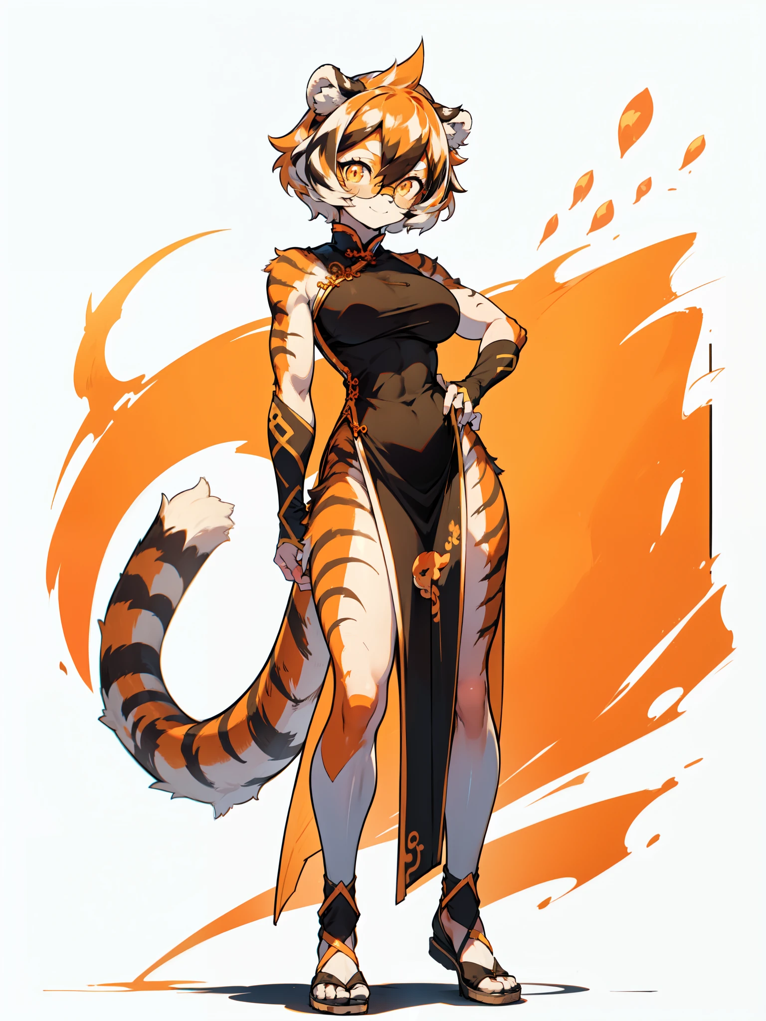 white background, full body, ((girl,fluffy)), standing ，animal ears, arknight, white hair, black hair, round glasses, glasses, oppen, short hair, big breasts, muscles, tail, orange eyes, orange hair, multicolored hair, tiger girl, fluffy female, hair between eyes, tiger_ears, tiger_tail, orange-dyed_glasses, dyed_glasses, sophora, big breasts, evil smile, shadow under the feet, abdominal muscless, (((Doctor overall clothing:1.2)))