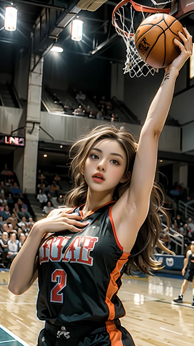 masterpiece, highest quality, Highest image quality, High resolution, photo realistic, Raw photo, dunk shot, woman basketball player, jump in air, basketball on her hand, basketball hoop, basketball net