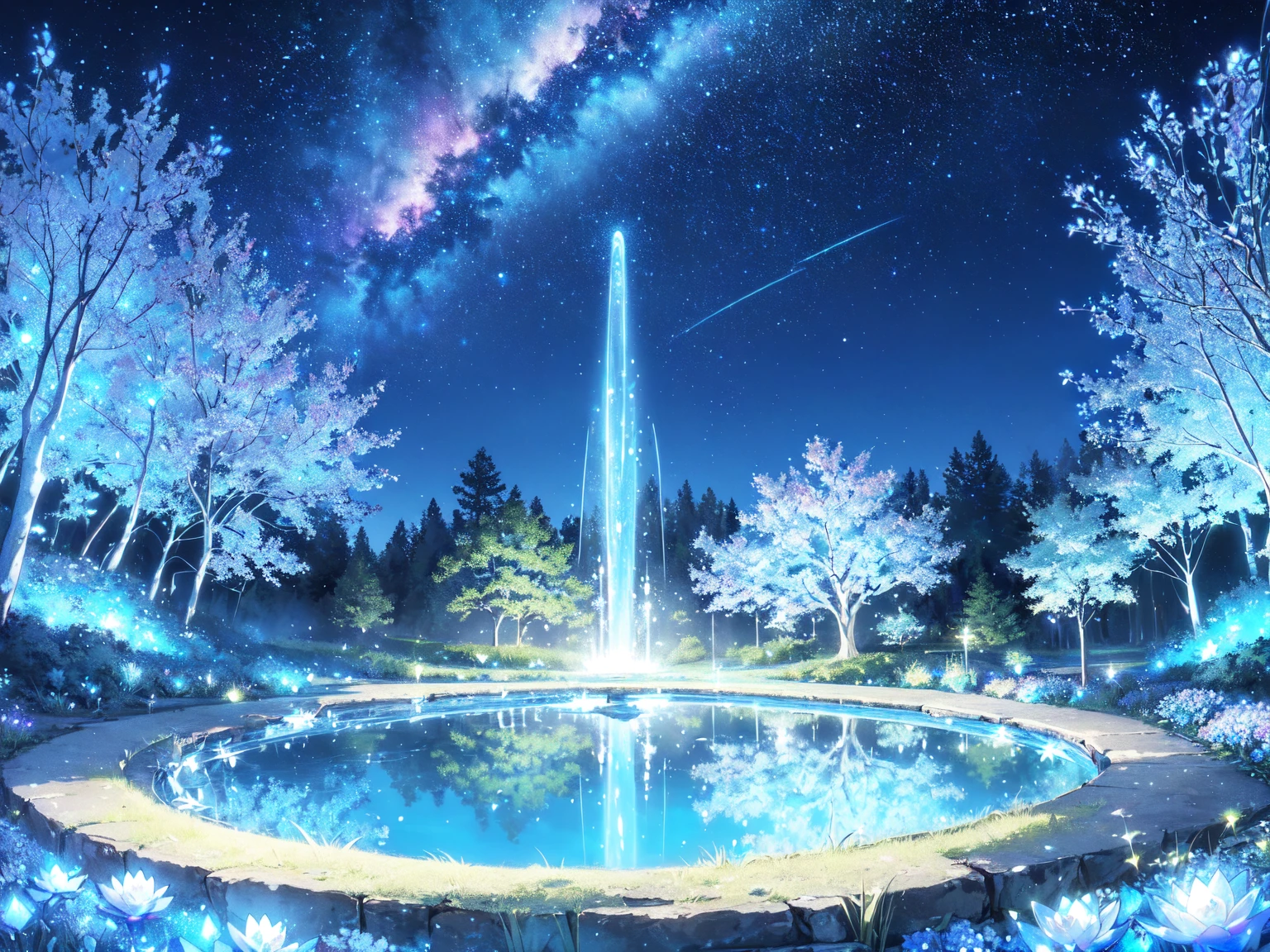 Mystical landscape with ((luminous starry blue and white flowers emitting light particles surrounding pond)),softly glowing butterflies, single beautiful sakura tree, (((unique view with extremely vivid multicolors without any people))), {extremely detailed 16k CG unity wallpaper}, expansive natural landscape photography, (wide open field view), (low angle shot),complex details, (iridescent colors: 1.6), (dark night lighting), (atmospheric lighting), Dreamy, unique, no people, reflections perfect,(no humans),landscape only, pixiv_fantasia,((starry glittering pond,water filled with shimmering stardust)),dark night