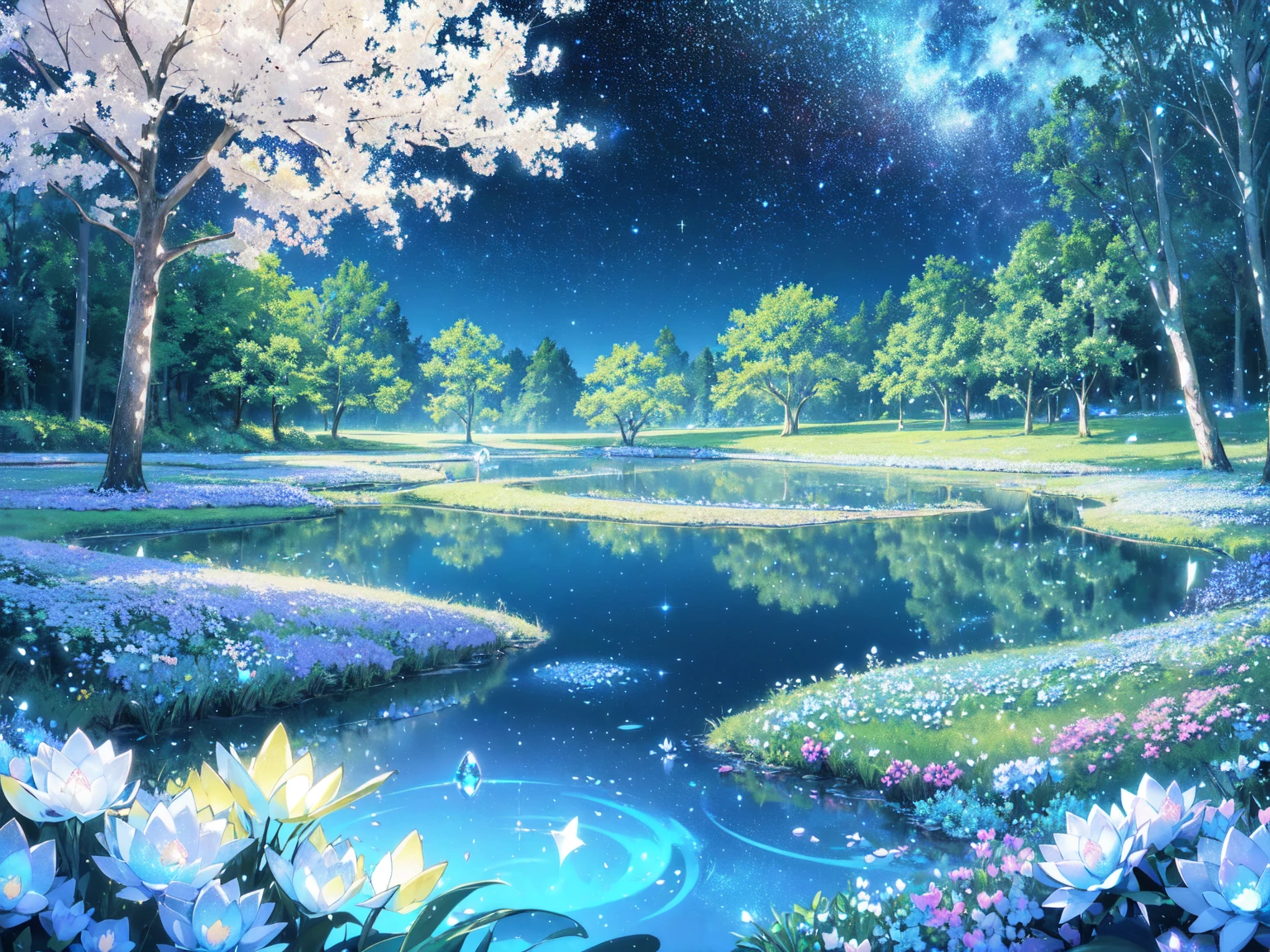 Mystical landscape with ((luminous starry blue and white flowers emitting light particles surrounding pond)),softly glowing butterflies, single beautiful sakura tree, (((unique view with extremely vivid multicolors without any people))), {extremely detailed 16k CG unity wallpaper}, expansive natural landscape photography, (wide open field view), (low angle shot),complex details, (iridescent colors: 1.6), (dark night lighting), (atmospheric lighting), Dreamy, unique, no people, reflections perfect,(no humans),landscape only, pixiv_fantasia,((starry glittering pond,water filled with shimmering stardust)),dark night