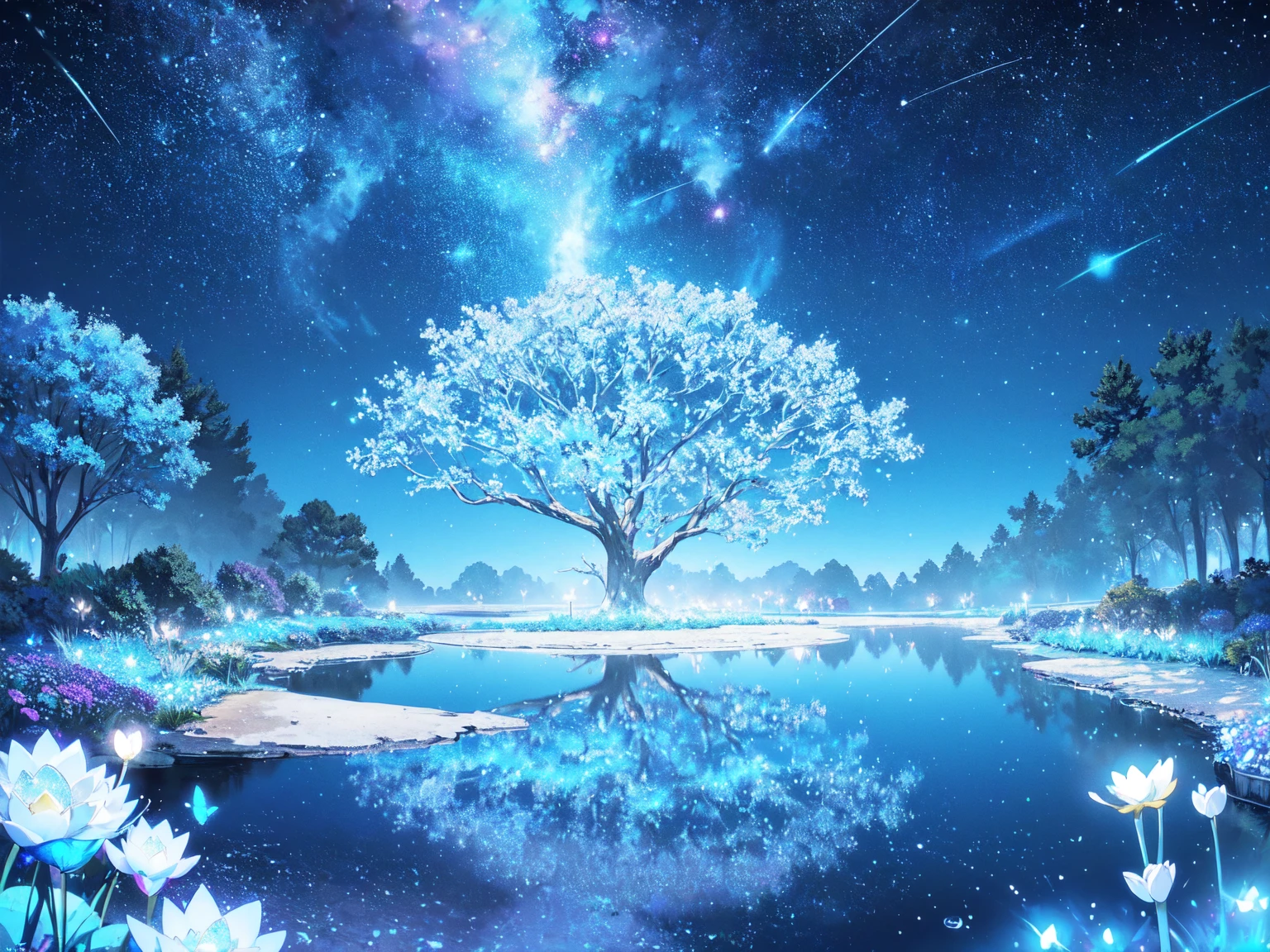 Mystical landscape with ((luminous starry blue and white flowers emitting light particles surrounding pond)),softly glowing butterflies, single beautiful sakura tree, (((unique view with extremely vivid multicolors without any people))), {extremely detailed 16k CG unity wallpaper}, expansive natural landscape photography, (wide open field view), (low angle shot),complex details, (iridescent colors: 1.6), (dark night lighting), (atmospheric lighting), Dreamy, unique, no people, reflections perfect,(no humans),landscape only, pixiv_fantasia,((starry glittering pond,water filled with shimmering stardust)),dark night