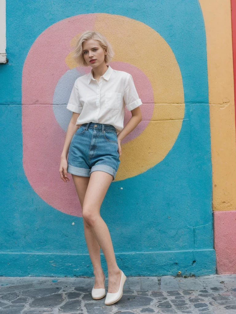 her name is Amelie, high quality, 1girl, ((25-year-old fit Caucasian woman)), ((25 years old)), ((SLIM)), ((short blonde hair)), pose: standing, wearing fashionable Generation-Z modern wear different colored, BACKGROUND: "In the colorful Caminito Street in La Boca, with vibrant murals and tango dancers."