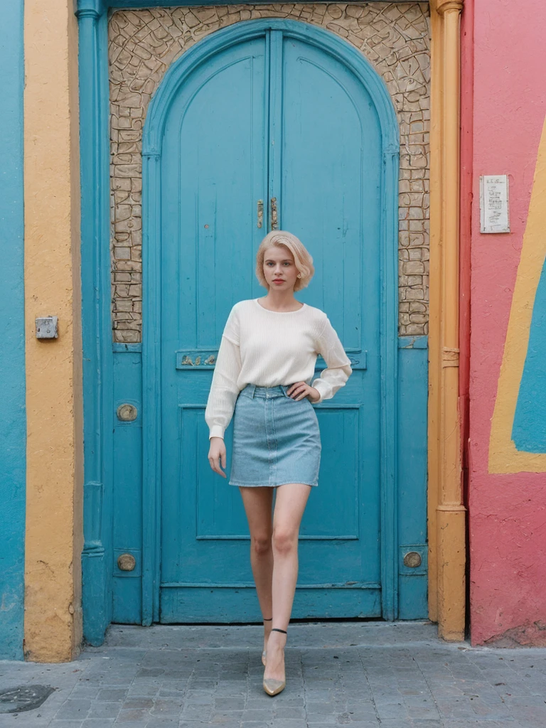 her name is Amelie, high quality, 1girl, ((25-year-old fit Caucasian woman)), ((25 years old)), ((SLIM)), ((short blonde hair)), pose: standing, wearing fashionable Generation-Z modern wear different colored, BACKGROUND:  "In the colorful Caminito Street in La Boca, with vibrant murals and tango dancers."