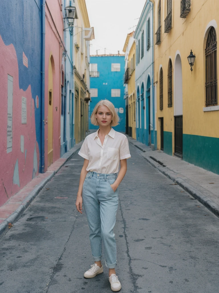 her name is Amelie, high quality, 1girl, ((25-year-old fit Caucasian woman)), ((25 years old)), ((SLIM)), ((short blonde hair)), pose: standing, wearing fashionable Generation-Z modern wear different colored, BACKGROUND: "In the colorful Caminito Street in La Boca, with vibrant murals and tango dancers."